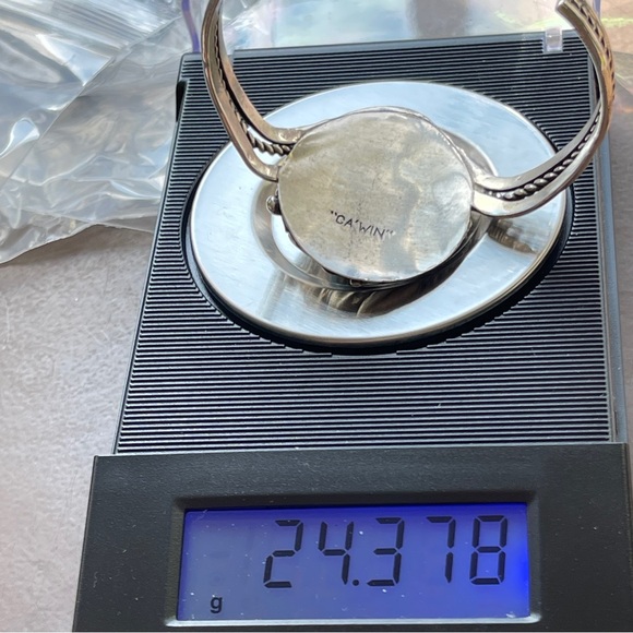 SOLD Jimmy F. Calabaza Signed Turquoise Sterling Silver Butterfly Kewa Bracelet - Picture 12 of 13